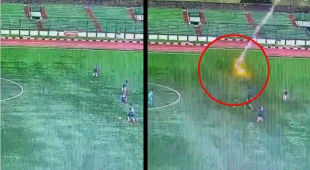 Удар молнии в участника футбольного матча попал на видео 