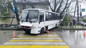 Во время опасного манёвра рейсовый автобус снёс остановку, забор, светофор и фонарь.