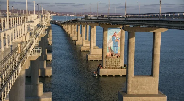Крымский мост украсили 20-метровым портретом кота, пса и рабочего