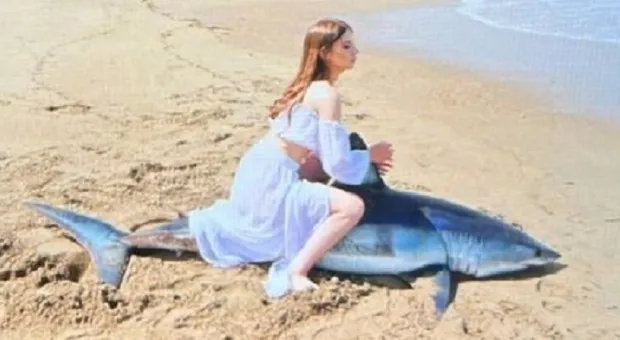 Фотограф и модель устроили фотосессию верхом на умирающей акуле