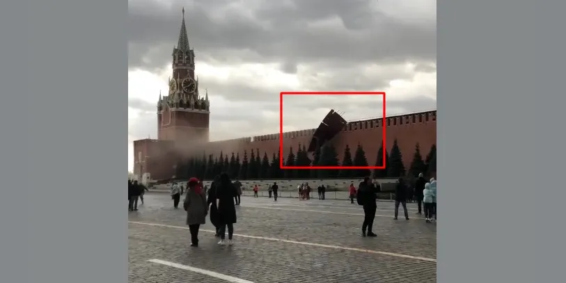 Ураганный ветер разрушил Кремлёвскую стену, сорвав с неё зубец. Видео