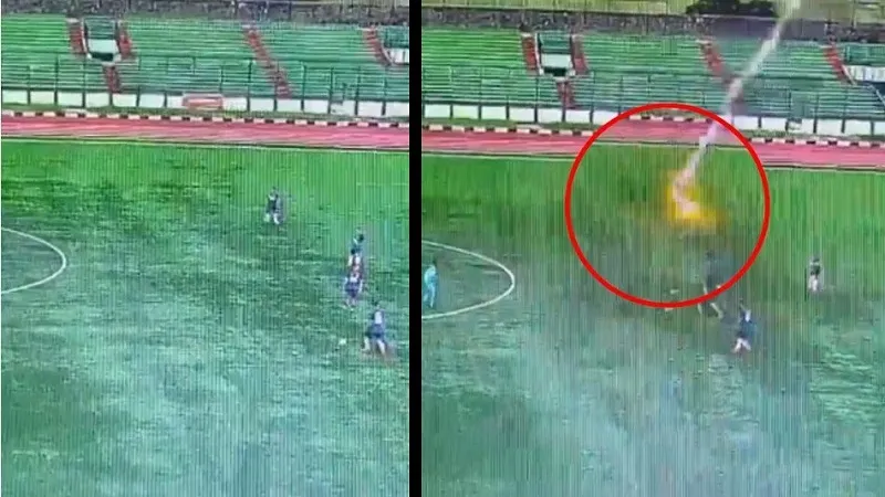 Удар молнии в участника футбольного матча попал на видео 