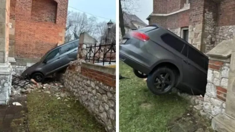 Пьяный украинец на авто застрял на заборе церкви XIV века в центре Кракова