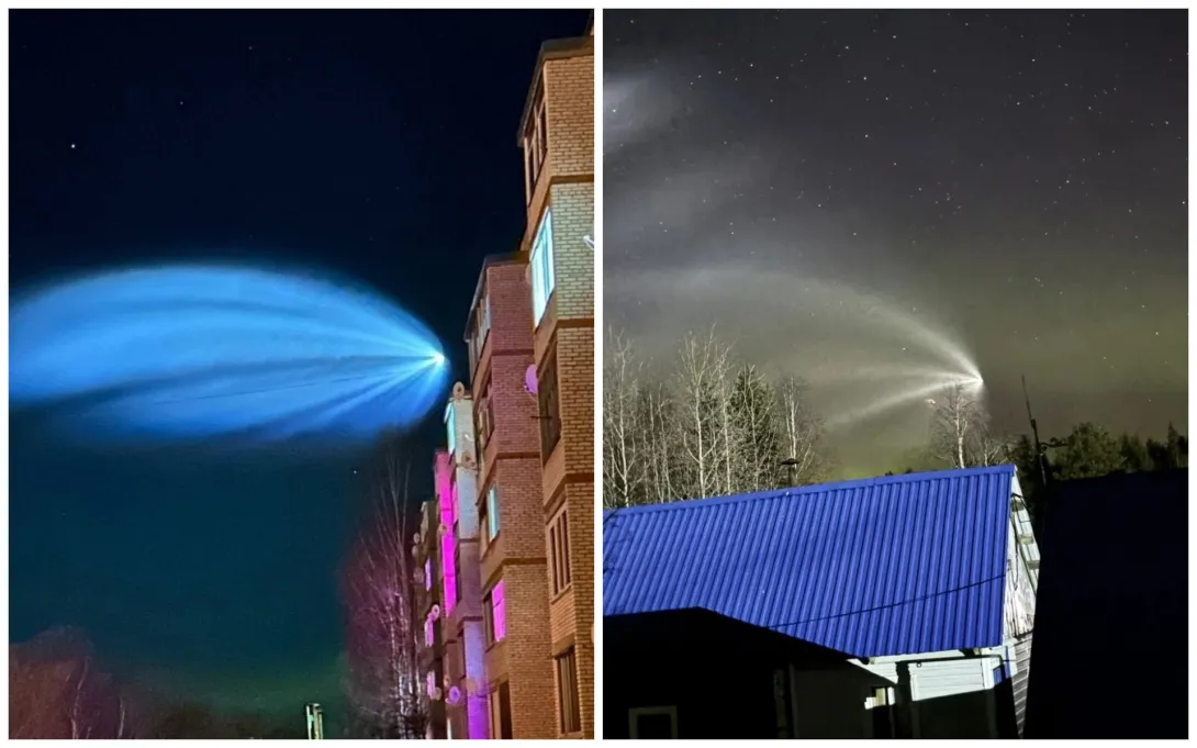 Жители севера России сняли в ночном небе объект с ярко-голубым шлейфом