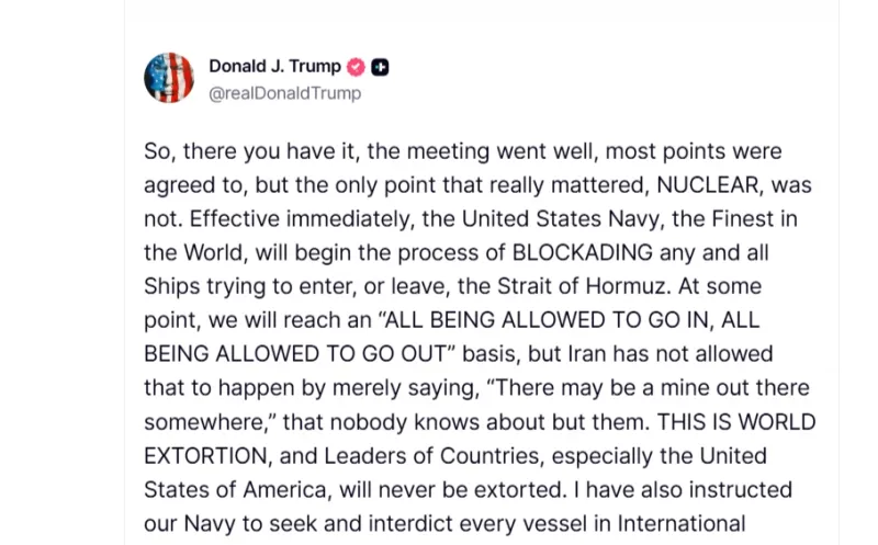 Трамп обещал ответить на иранскую блокаду Ормузского пролива собственной блокадой